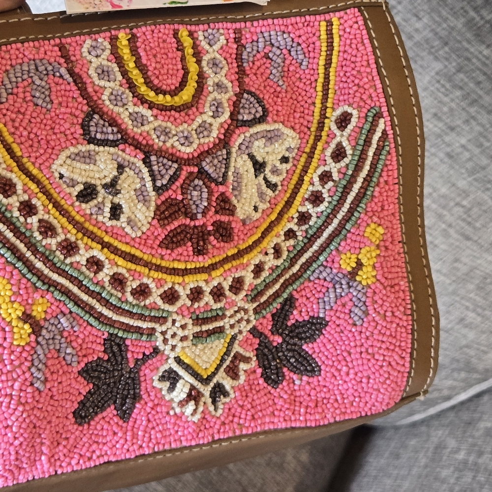 Viral Handmade Pink Beaded Tote Bag Crossbody Purse With Leather Straps NWT - Picture 5 of 11